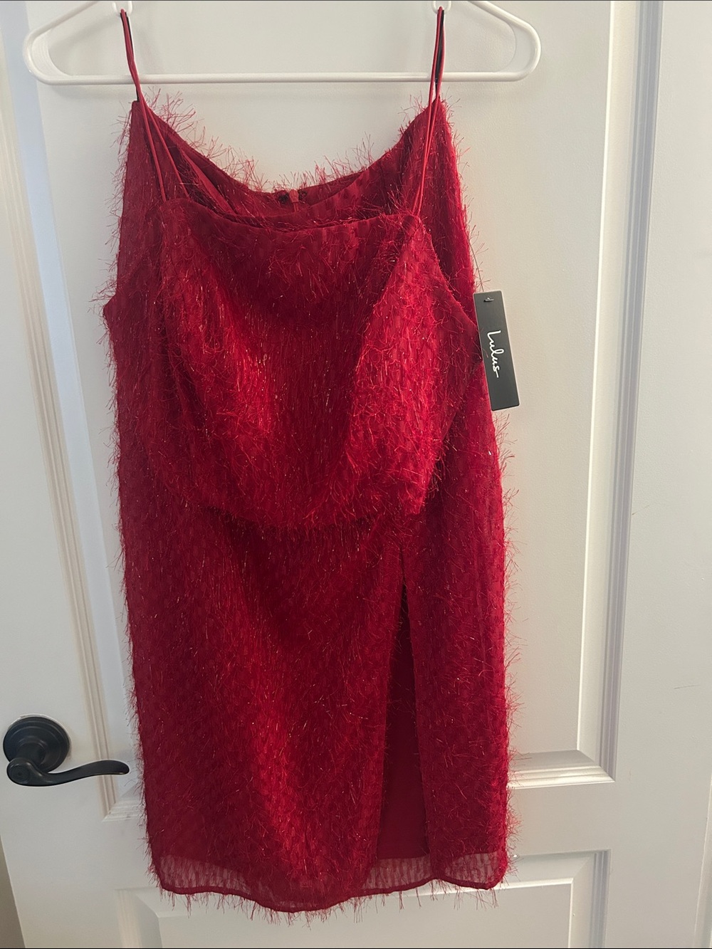 Lulu's Sparkling Red Feather-Trim two piece set
